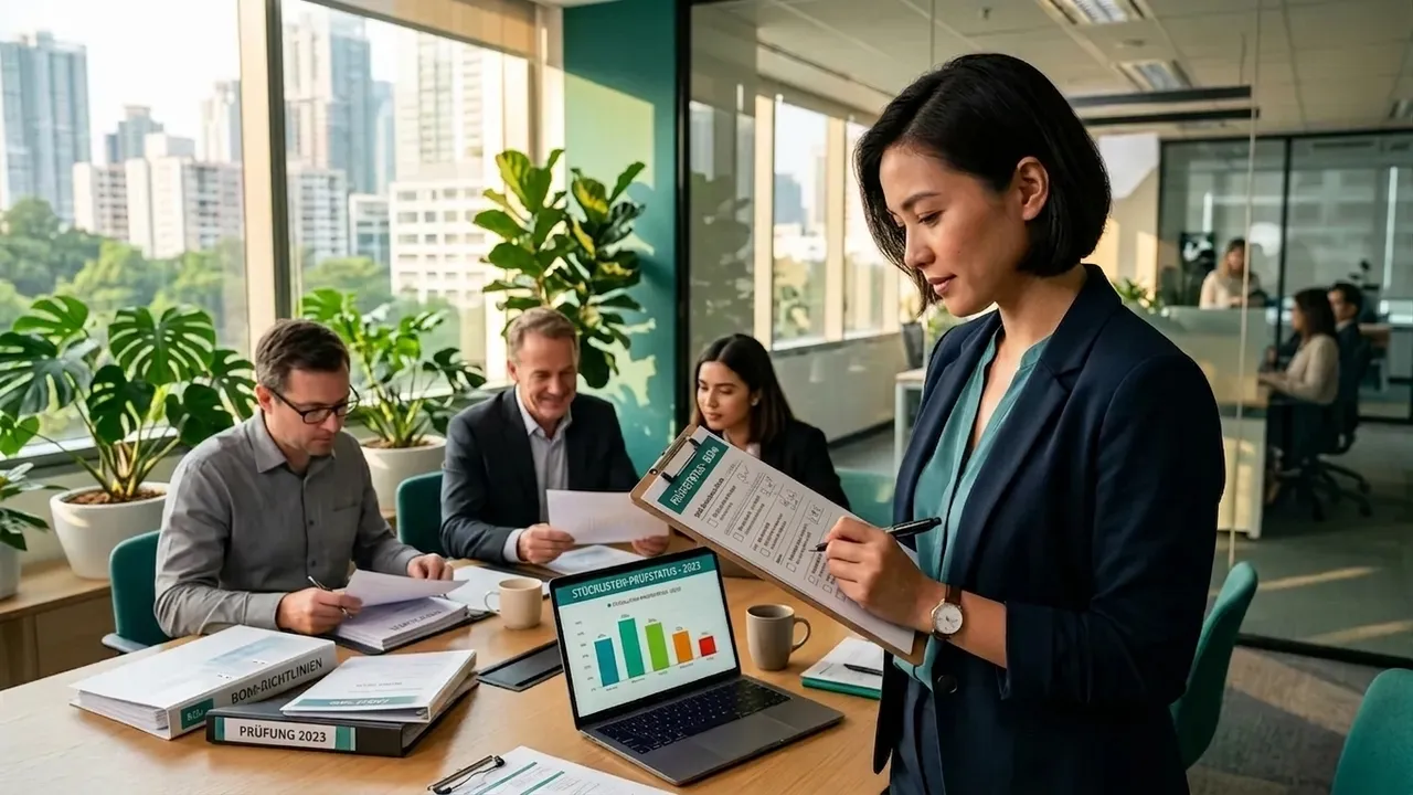 Compliance-Durchsprache im Team — Prüfstatus auf dem Klemmbrett