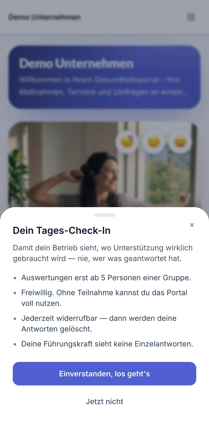 Ansicht im Mitarbeitenden-Portal: Tages-Check-in