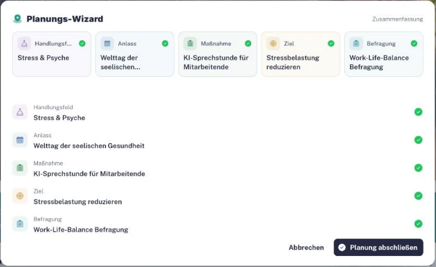 EasyBGM Planungs-Wizard: Handlungsfeld, Anlass, Maßnahme, Ziel und Befragung in einer Zusammenfassung
