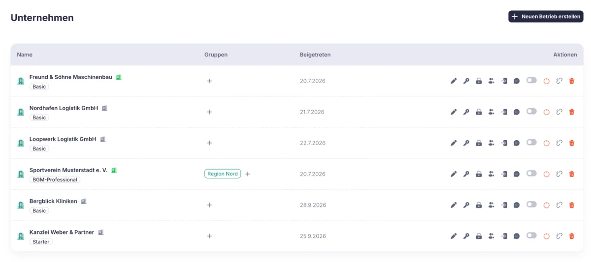 Client companies in the partner portal